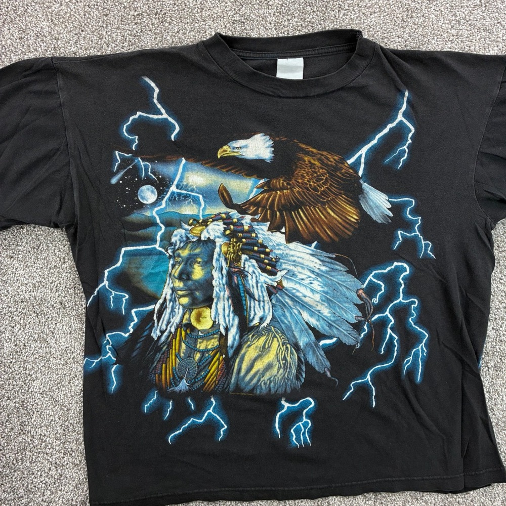 Vintage USA Thunder Shirt Mens XL Black Native American Eagle Lightning AOP - Picture 2 of 5